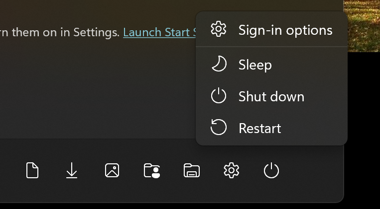 A screenshot of the Windows 11 power options for shut down or restart